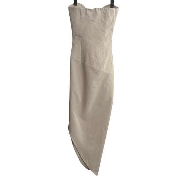 2/$25 NWT PrettyLittleThing 0 Muslin Beige Strapless Asymmetric Hem Dress - Picture 3 of 16